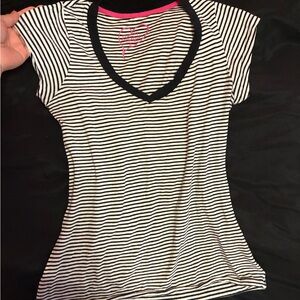 Rue21 Black & White Striped V‑Neck Tee with Pink Trim